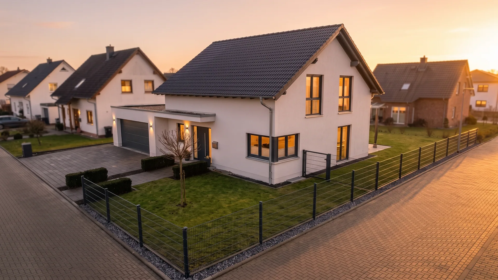 Computergenerierte Visualisierung: anthrazitfarbener Doppelstabmattenzaun um ein modernes Einfamilienhaus im Abendlicht